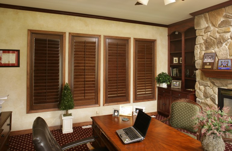 Hardwood plantation shutters in a Atlanta home office